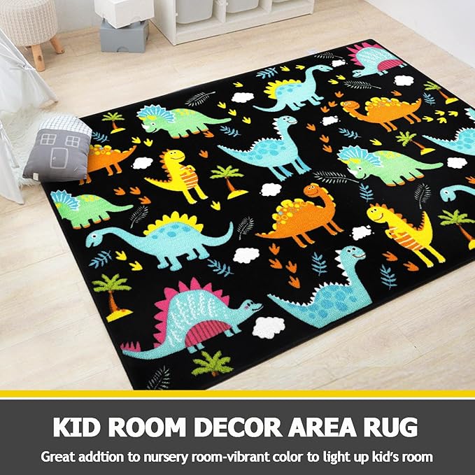 Capslpad Black Dinosaur Kids Play Rug for Boys Bedroom Non Slip Cartoon Kids Area Rug Washable Kids Play Mat for Dinosaur Room Kids Room Nursery Decor,5'2" x 3'3" - LeafyLoom