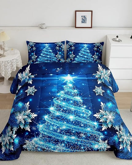 Feelyou Girls Christmas Tree Comforter Set Blue Xmas Theme Comforter Full Chic Winter Snowflake Bedding Set for Girls Daughter Bedroom Decor Soft Girly Glitter Quilted Duvet Winter Warm Bedding - LeafyLoom