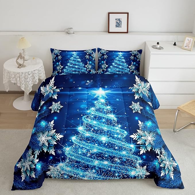 Feelyou Girls Christmas Tree Comforter Set Blue Xmas Theme Comforter Full Chic Winter Snowflake Bedding Set for Girls Daughter Bedroom Decor Soft Girly Glitter Quilted Duvet Winter Warm Bedding - LeafyLoom