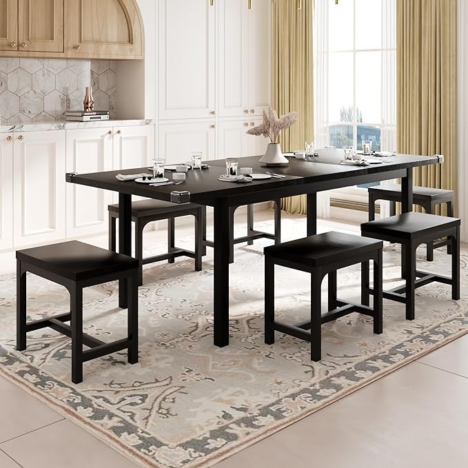 Feonase 7-Piece Dining Table Set with 6 Stools, 63" Large Extendable Kitchen Table Set for 4-8, Mid-Century Dining Room Table with Heavy-Duty Frame, Easy Assembly, Black - LeafyLoom