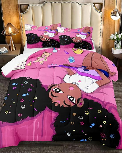 Black Girl Magic Queen Comforter Set - Black African American Girls Queen Bedding Set Princess Queen Comforter Room Decor Black Girl Bedding Sets for Girls Teens, 1 Comforter+2 Pillowcases - LeafyLoom