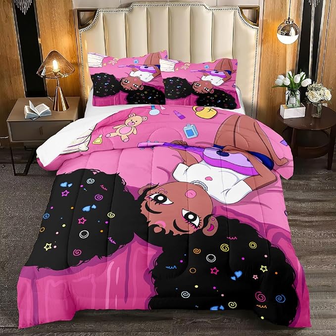 Black African American Girls Full Size Comforter Sets - Black Girl Full Size Bedding Sets for Girls Pink Princess Bedroom Sets Room Decor Full Size Comforter Set, 1 Comforter+2 Pillowcases - LeafyLoom