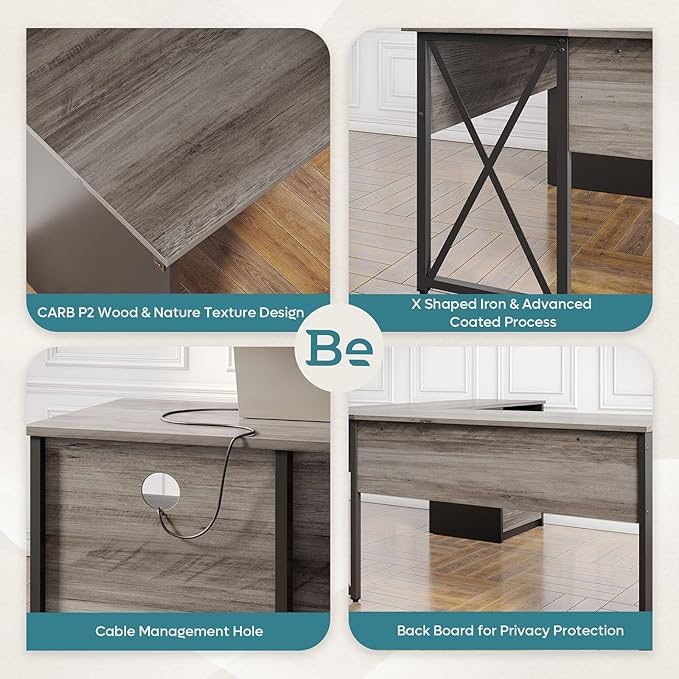Bestier Lift Top L Shaped Desk with File Drawer, 55'' x 55'' Office Desk with Reversible Storage Drawers, L Shaped Standing Desk with Computer Monitor Stand (Grey Wash, 55'' x 55'') - LeafyLoom