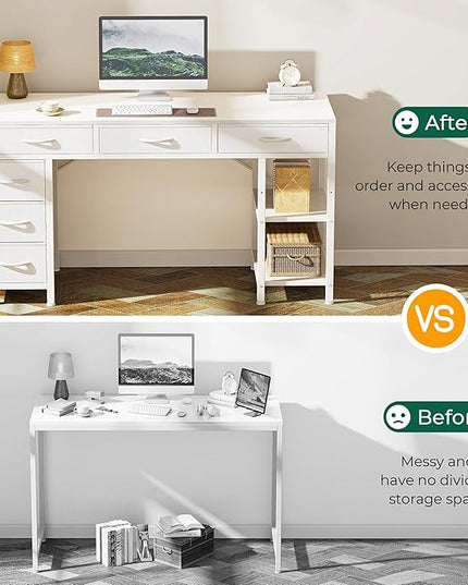 Computer Desk with 6 Drawers, 47 Inch Office Desk with Shelves, Reversible Gaming Desk, Corner Desk with Storage, Work Desk for Home Office, Study, Living Room, White - LeafyLoom