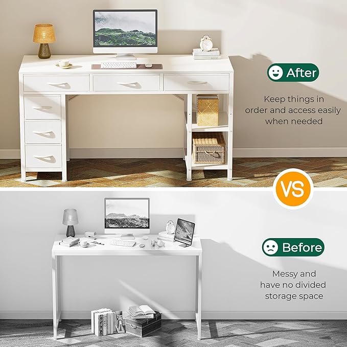 Computer Desk with 6 Drawers, 47 Inch Office Desk with Shelves, Reversible Gaming Desk, Corner Desk with Storage, Work Desk for Home Office, Study, Living Room, White - LeafyLoom