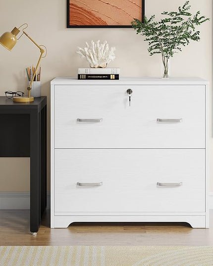 Lateral File Cabinet with 2 Drawers, 31.5 Inches Large Filing Cabinet for Hanging Letter/Legal/F4/A4 Size Files with Lock, Home Office, White - LeafyLoom