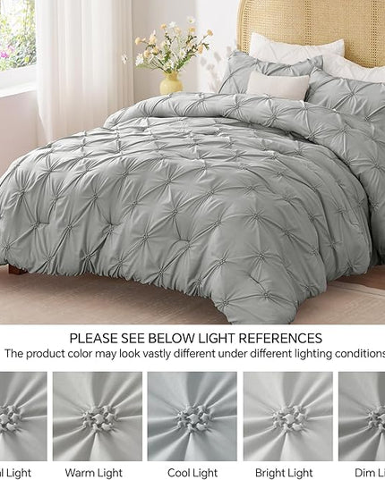 BEDELITE Grey King Size Comforter Set - 3 Pieces Boho Pintuck Bedding Comforter Sets, Lightweight Soft & Warm King Bedding Set with 2 Pillowcases for All Season - LeafyLoom
