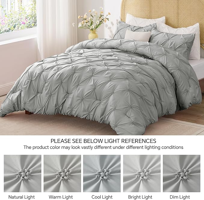 BEDELITE Grey King Size Comforter Set - 3 Pieces Boho Pintuck Bedding Comforter Sets, Lightweight Soft & Warm King Bedding Set with 2 Pillowcases for All Season - LeafyLoom