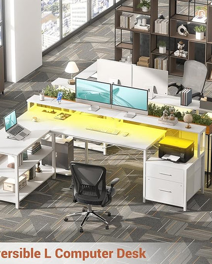 Aheaplus L Shaped Desk with File Drawer, 72.8" Reversible L Shaped Computer Desk with Power Outlet & LED Strip, Gaming Desk with Long Monitor Stand, Office Desk Corner Desk with Storage Shelf, White - LeafyLoom
