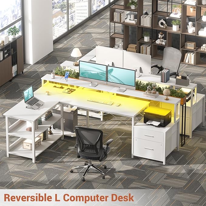 Aheaplus L Shaped Desk with File Drawer, 72.8" Reversible L Shaped Computer Desk with Power Outlet & LED Strip, Gaming Desk with Long Monitor Stand, Office Desk Corner Desk with Storage Shelf, White - LeafyLoom