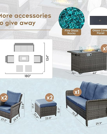 Yechen Patio Conversation Set with 44" Propane Gas Fire Pit Table - 6 Pcs Outdoor Wicker Furniture Set with Lid & Wind Shields - Luxury 7 Seats Sectional Sofa Set for Porch,Backyard - LeafyLoom