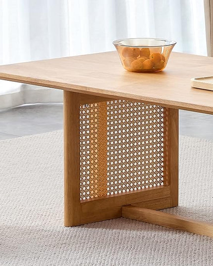 Rattan Coffee Table Rectangular Solid Wood Coffee Table with Cross Table Legs for Living Room Furniture - LeafyLoom