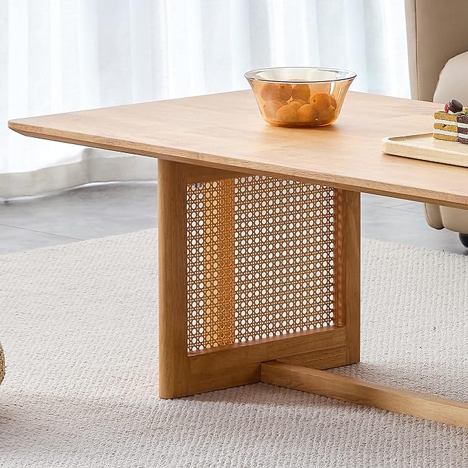 Rattan Coffee Table Rectangular Solid Wood Coffee Table with Cross Table Legs for Living Room Furniture - LeafyLoom