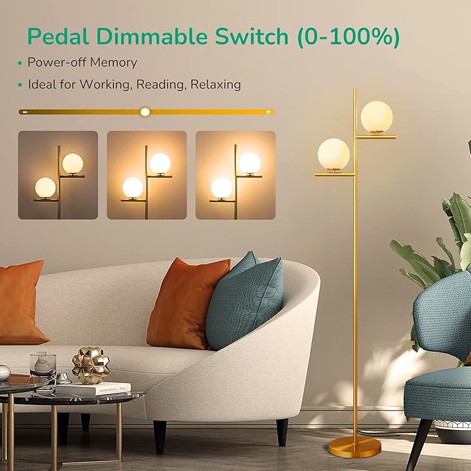 EDISHINE 67.5in Mid Century Modern Globe Floor Lamp, Upgraded Dimmable Gold Standing Lamps for Living Room, Frosted Glass Shade, LED Tall Pole Lamp for Bedroom-Brass Plating - LeafyLoom