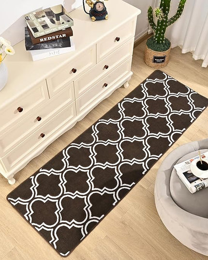 Chicrug Shag Geometric Modern Runner Rug for Bedroom, 2x6 Feet Memory Foam Indoor Hallway Runner Carpet, Fluffy Rug for Living Room Bedside Room Decor for Family, Brown/White - LeafyLoom