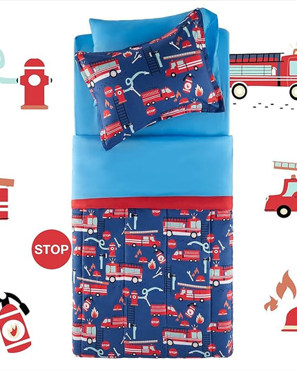SLEEP ZONE Kids Bedding Comforter Set Full/Queen Size - 7 Pieces Super Cute & Soft Bedding Sets & Collections with Comforter, Sheet, Pillowcase & Sham - Fade Resistant Easy Care (Fire Truck) - LeafyLoom