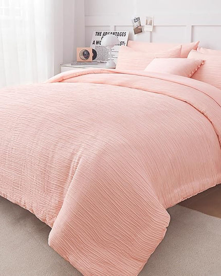 8 Piece Woven Texture Pink Comforter Set Queen, Bed in a Bag Bedding Sets Queen with Comforter and Sheets, Soft Lightweight Comforter Set with Deocor Throw Pillow, Pink - LeafyLoom