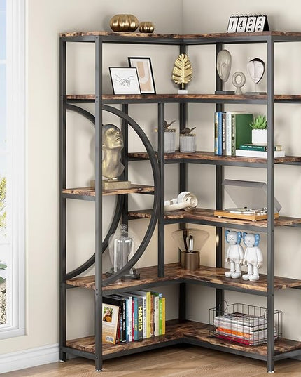 TIYASE 6-Shelf Corner Bookshelf Industrial 6-Tier Corner Etagere Bookcase, Large Corner Shelf L-Shaped Book Shelves Display Storage Rack with Metal Frame for Living Room Home Office, Rustic Brown - LeafyLoom