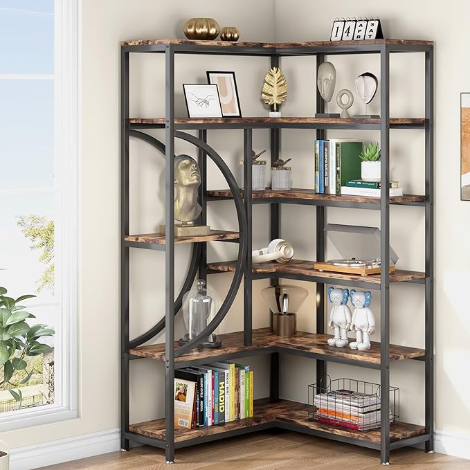 TIYASE 6-Shelf Corner Bookshelf Industrial 6-Tier Corner Etagere Bookcase, Large Corner Shelf L-Shaped Book Shelves Display Storage Rack with Metal Frame for Living Room Home Office, Rustic Brown - LeafyLoom