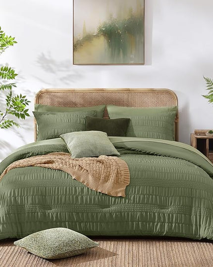 CASAAGUSTO Twin XL comforter Set, 5 Pieces Olive Green Seersucker Bed in a Bag Twin XL Soft All Seasons, Twin XL Bedding Sets with Comforter, Flat Sheet, Fitted Sheet, 1 Pillow Sham, 1 Pillowcase - LeafyLoom