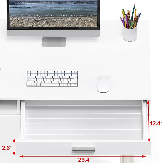 SHW Claire 40-Inch Height Adjustable Electric Standing Desk with Drawer, White - LeafyLoom