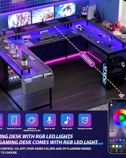 U Shaped Computer Gaming Desk, Reversible L Shaped Desk with Power Outlets, LED Strip & Monitor Stand, Large Corner Desk with Storage Shelves for Home Office, Grey Oak - LeafyLoom