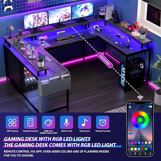 U Shaped Computer Gaming Desk, Reversible L Shaped Desk with Power Outlets, LED Strip & Monitor Stand, Large Corner Desk with Storage Shelves for Home Office, Grey Oak - LeafyLoom