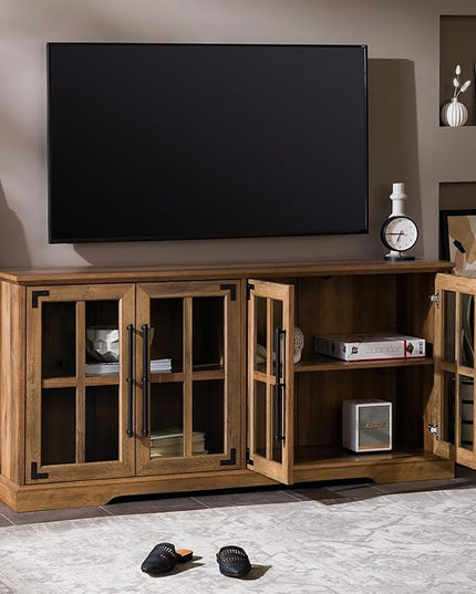 Walker Edison Farmhouse Barn Glass Door Wood Universal TV Stand for TV's up to 64" Flat Screen Living Room Storage Cabinet Doors and Shelves Entertainment Center, 58 Inch, Rustic Oak - LeafyLoom