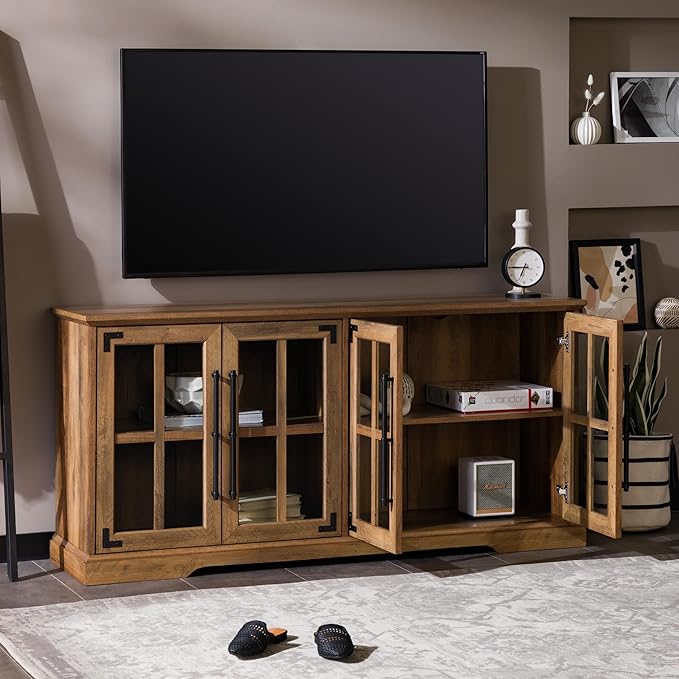 Walker Edison Farmhouse Barn Glass Door Wood Universal TV Stand for TV's up to 64" Flat Screen Living Room Storage Cabinet Doors and Shelves Entertainment Center, 58 Inch, Rustic Oak - LeafyLoom