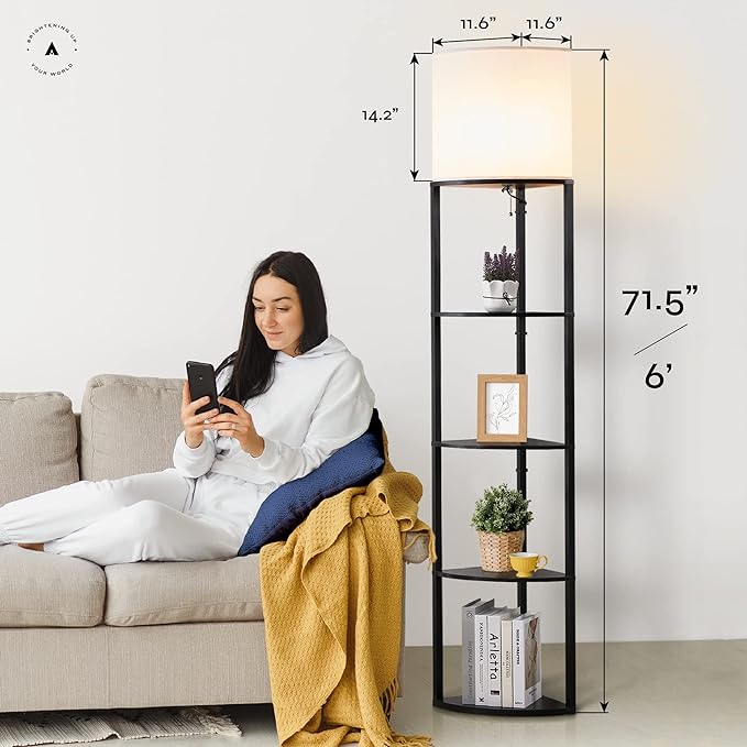 ATAMIN Alvis Edge 72" Floor Lamps for Living Room Decor, Tall Lamp for Bedroom, Modern Corner Shelf Lamp, Sturdy Floor Lamp with Shelves, Standing Lamp with Book Shelves, LED Lamp Shelf (Black) - LeafyLoom