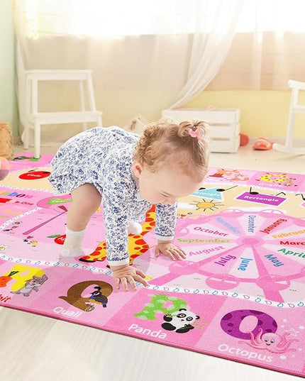 Pink Playroom Rug 4x6,Rugs for Girls Kids Bedroom Nursery Rug,ABC Rug with Alphabets Animals Shapes,Educational and Fun Child Playmat Baby Care Rug,Learning Rug Carpets for Children Toddler - LeafyLoom