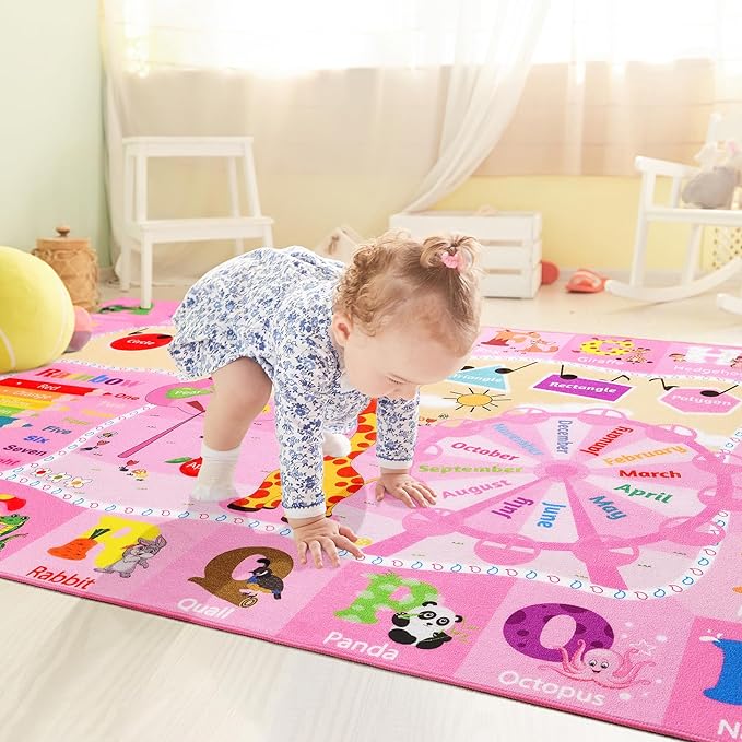 Kids Rug 5x7 Pink Rugs for Girls Bedroom Playroom Child Play Mat Educational and Fun Baby Care Rugs,Learning Rug with ABC Alphabets Animals Shapes No-Slip Carpets for Children Toddler Washable - LeafyLoom
