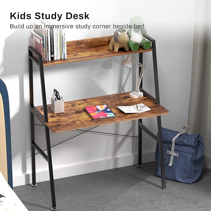 DESIGNA Small Computer Ladder Desk with Storage Shelves, 43 Inch 2-Tier Home Office Students Study Writing PC Gaming Table with Bookshelf Modern Workstation for Space Saving, Metal Frame, Rustic Brown - LeafyLoom