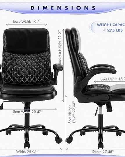 COLAMY Home Office Chair 275LBS Executive Leather OfficeChair with Padded Flip-up Arms, Adjustable Height and Tilt Lock, Tufted Black - LeafyLoom