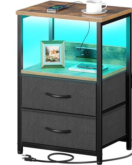 Seventable Nightstand with Charging Station, Bedside table with LED Lights, Night stand with 2 Fabric Drawers, 3-Tier Storage End Table for Bedroom, Rustic Brown - LeafyLoom