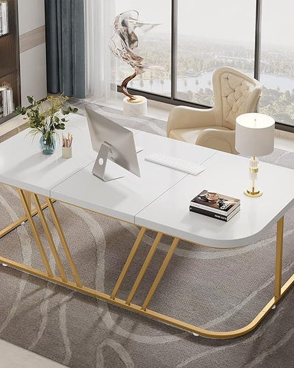 63 inches Executive Desk, Home Office Computer Desk, Modern Large Conference Table with Gold Metal Frame, Bussiness Furniture for Work Writing - LeafyLoom