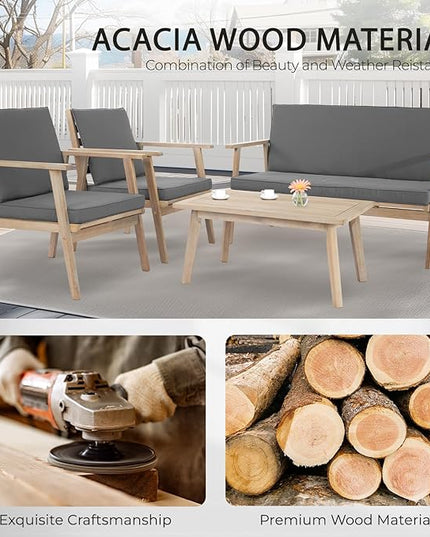 VINGLI Outdoor Patio Furniture, 4 Piece Acacia Wood Sofa Set w/Coffee Table, Patio Table and Chairs Set for Deck, Balcony, Backyard (Light Natural) - LeafyLoom