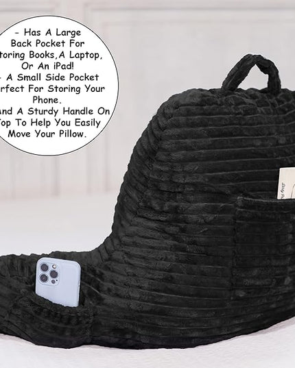 Homie Reading Pillow with Reading Light and Wrist Support, Has Arm Rests, and Back Support for Bed Rest, Lounging, Reading, Working on Laptop, Watching TV (Black) - LeafyLoom