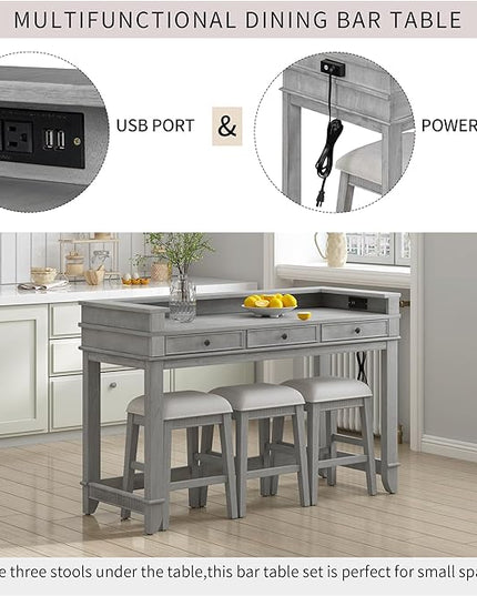Retro Upholstered Stools, Multifunctional 3 Drawers, Easy Assembly and Clean, Room, Kitchen, Bar, Gray, 4 Piece Dining Table Set - LeafyLoom