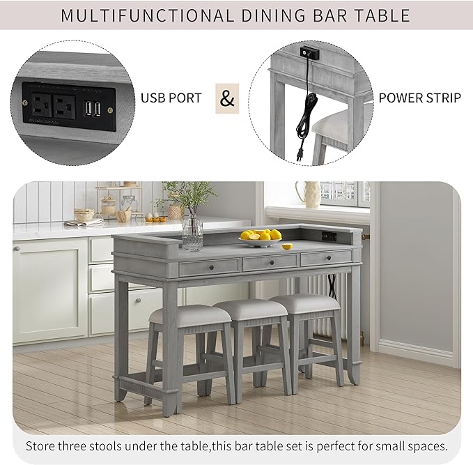 Retro Upholstered Stools, Multifunctional 3 Drawers, Easy Assembly and Clean, Room, Kitchen, Bar, Gray, 4 Piece Dining Table Set - LeafyLoom