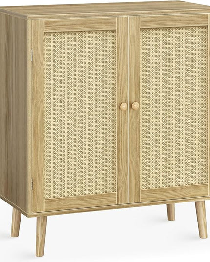 Buffet Cabinet with Storage, Storage Cabinet with PE Rattan Decor Doors, Accent Cabinet with Solid Wood Feet, Sideboard Cabinet for Hallway, Entry, Living Room, Natural - LeafyLoom