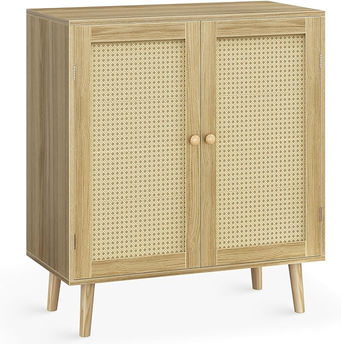 Buffet Cabinet with Storage, Storage Cabinet with PE Rattan Decor Doors, Accent Cabinet with Solid Wood Feet, Sideboard Cabinet for Hallway, Entry, Living Room, Natural - LeafyLoom