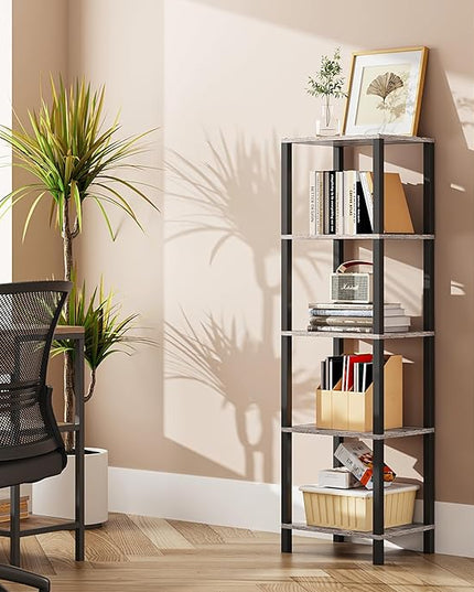 TUTOTAK Bookshelf, 5-Tier Tall Book Shelf, Narrow Bookcase for Small Space, DIY Stackable Bookshelf, for Living Room, Office, Study, Entryway, Industrial, Greige and Black BS01BG005 - LeafyLoom