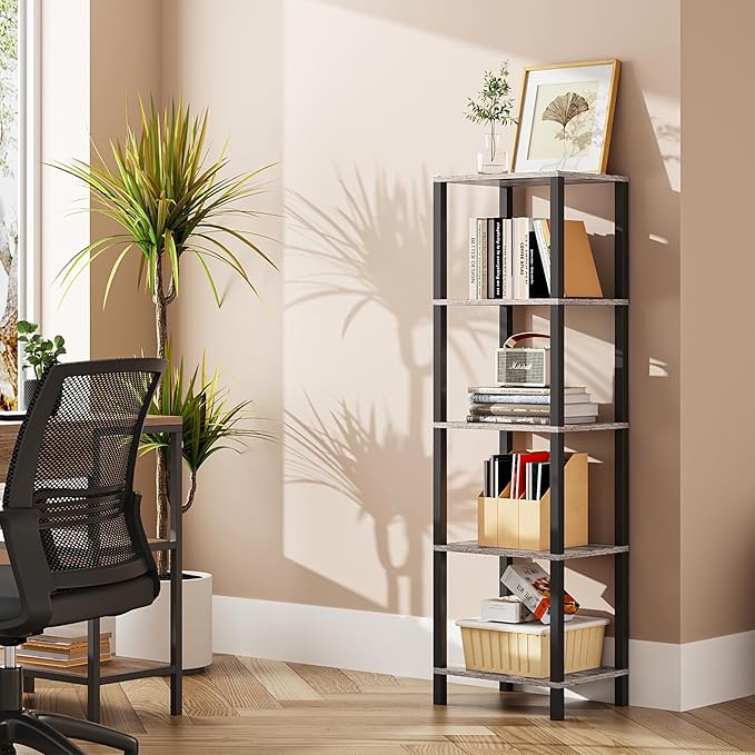TUTOTAK Bookshelf, 5-Tier Tall Book Shelf, Narrow Bookcase for Small Space, DIY Stackable Bookshelf, for Living Room, Office, Study, Entryway, Industrial, Greige and Black BS01BG005 - LeafyLoom