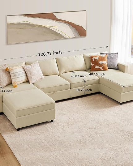 Sweetcrispy Convertible Sectional Sofa Couch, 6 Seat 6 Back Sofa Set with Storage for Living Room, U-Shaped Modern Modular Sofa Sleeper with Ottoman, Comfy Sofa Couch with Extra Deep Seats, Beige - LeafyLoom