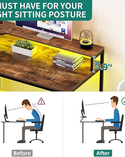 YITAHOME L Shaped Desk with Power Outlets & LED Lights, 67" Computer Desk with File Drawer, Corner Desk Home Office Desk with Monitor Stand & 3 Cubbies Storage Shelves, Rustic Brown - LeafyLoom