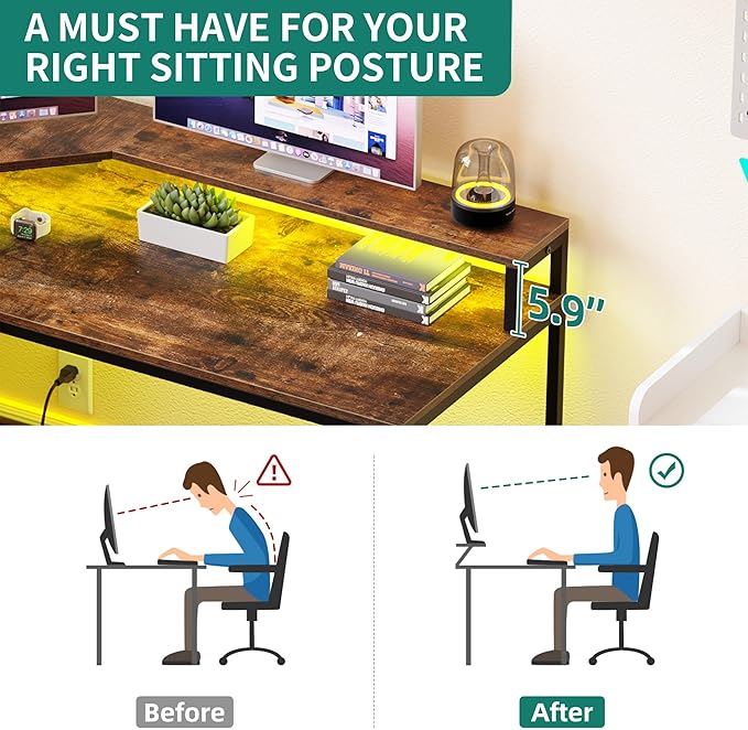 YITAHOME L Shaped Desk with Power Outlets & LED Lights, 67" Computer Desk with File Drawer, Corner Desk Home Office Desk with Monitor Stand & 3 Cubbies Storage Shelves, Rustic Brown - LeafyLoom
