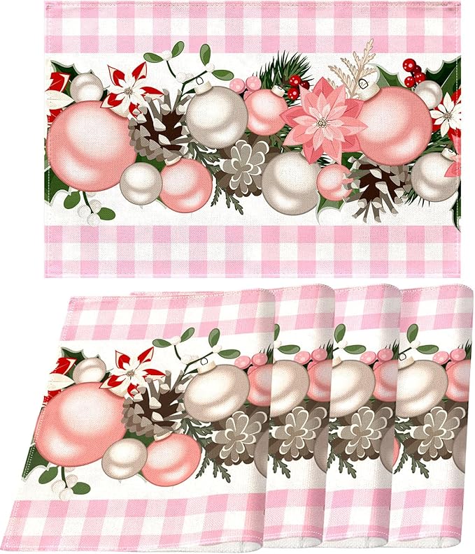 Nepnuser Pink and White Gingham Christmas Placemats Set of 4 Buffalo Check Plaid Xmas Decoration for Home Kitchen Dining Table Decoration Nepnuser