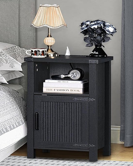 Night Stand, 18 Inch Farmhouse Nightstand with with Charging Station and USB Port, Rustic Couch End Table with Magnetic Door, Wood Bed Side Tables for Bedroom, Home, Black - LeafyLoom