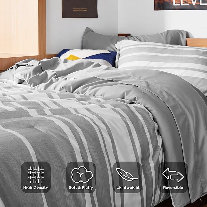 Bedsure Extra Long Twin XL Comforter Set, Grey Twin XL Bedding Set, All Season Dorm Room Essentials with 1 Pillow Sham, Flat Sheet, Fitted Sheet and 1 Pillowcase - LeafyLoom